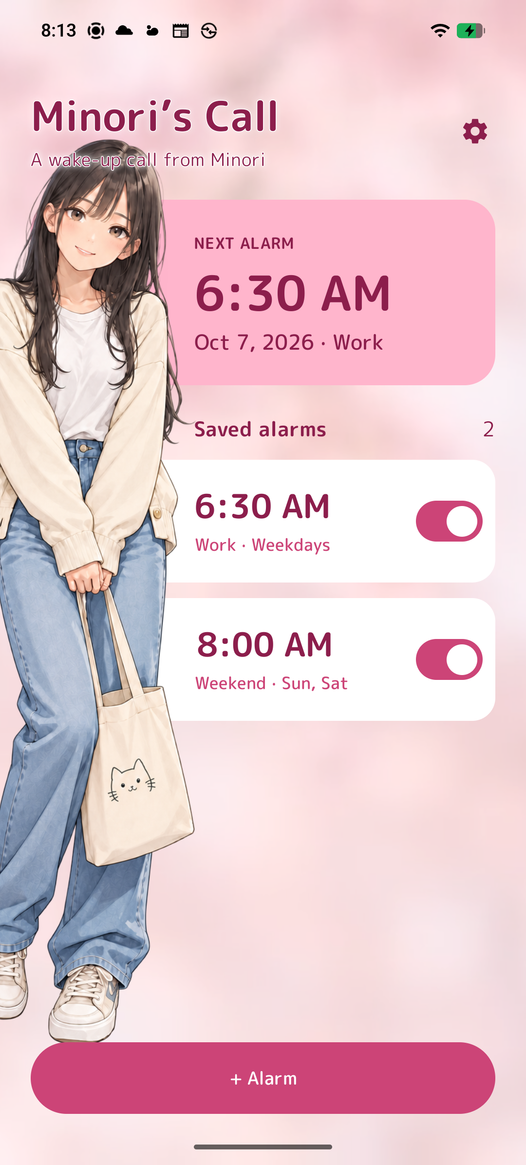 Minori’s Call app home screen with Minori’s portrait and two saved alarms set for 6:30 AM on weekdays and 8:00 AM on weekends